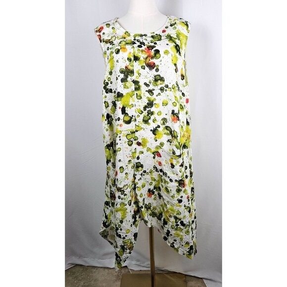 Grizas Green Splash Print Linen Sleeveless Tunic Dress 2XL Asymmetrical Hem Midi - Picture 1 of 9